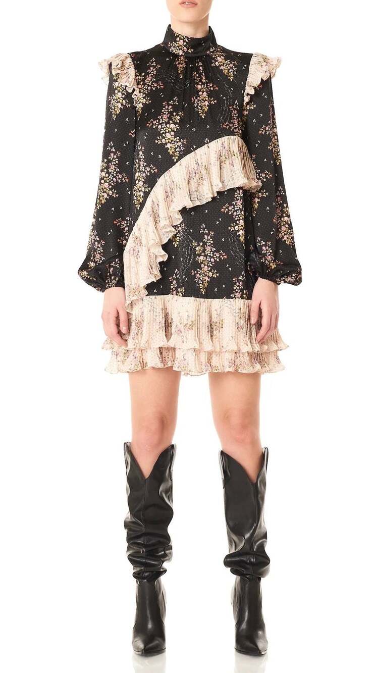 AMUR Black Floral Ruffle-Trimmed Stand-Up Collar Mini Dress Size 0